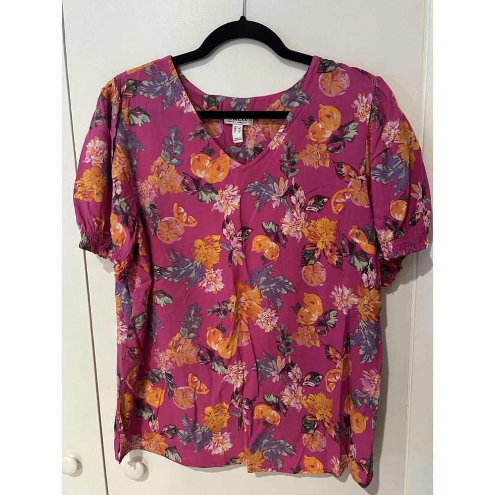 Denim & Co. Printed Blouse with Smocked Sleeve Cuff Deep Pink Size Large d & co